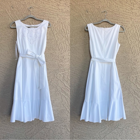 TALBOTS White Embroidered Sateen Fit & Flare Tie Belted Midi Dress Sz 12 - Picture 2 of 14